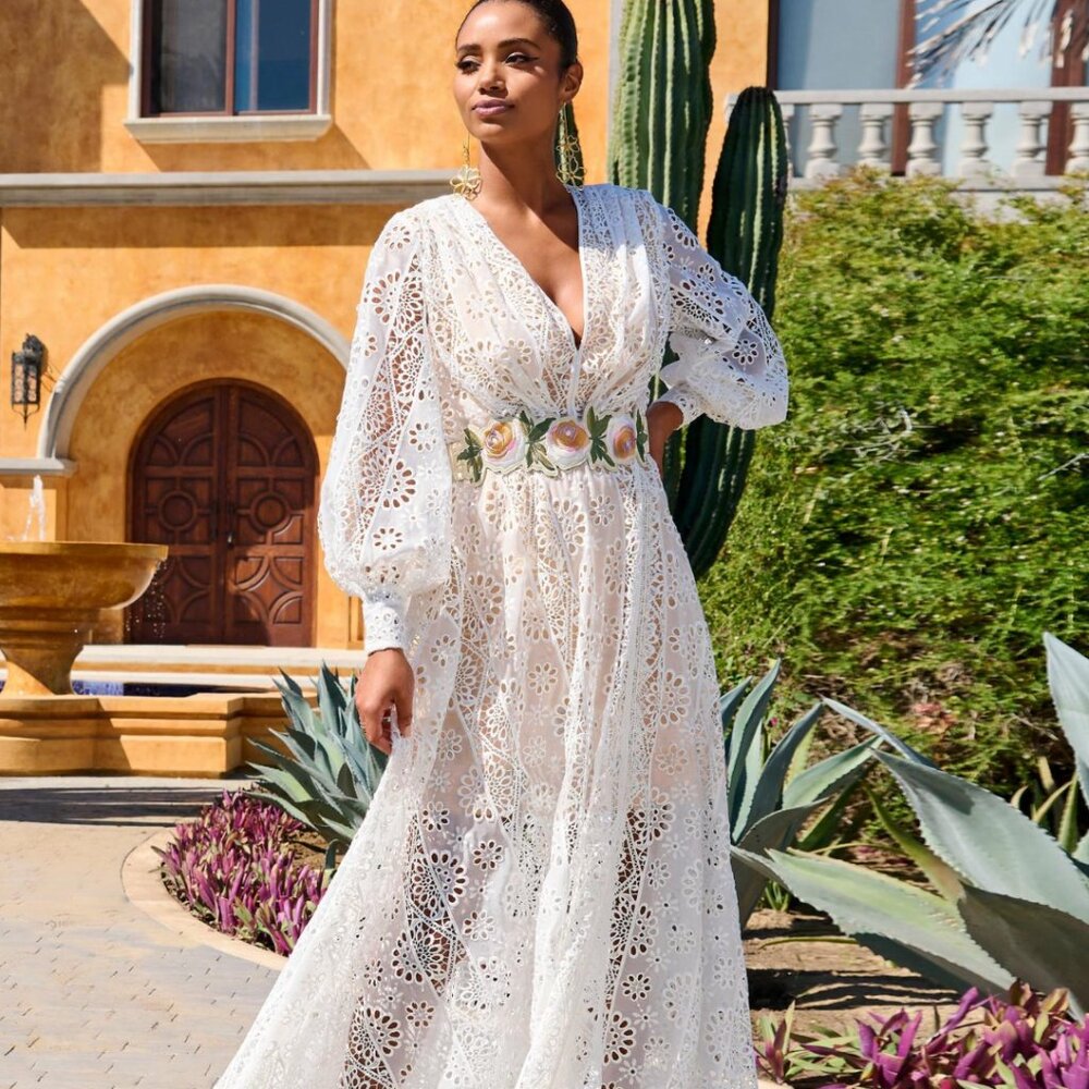 Boston Proper Lace Balloon Sleeve Slit Maxi Dress Size 10